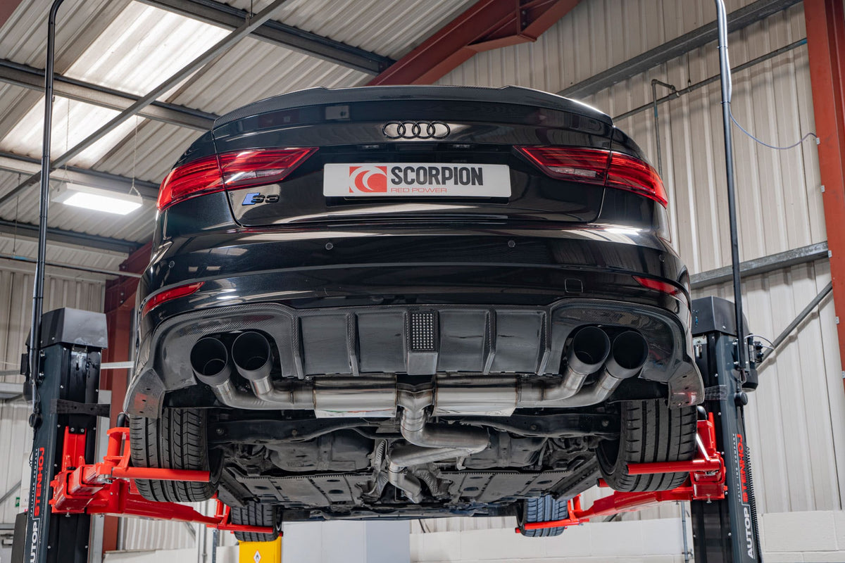Scorpion Audi S3 8V GPF-Back Exhaust System without valves, featuring non-resonated cat and GPF-back design, metallic finish.