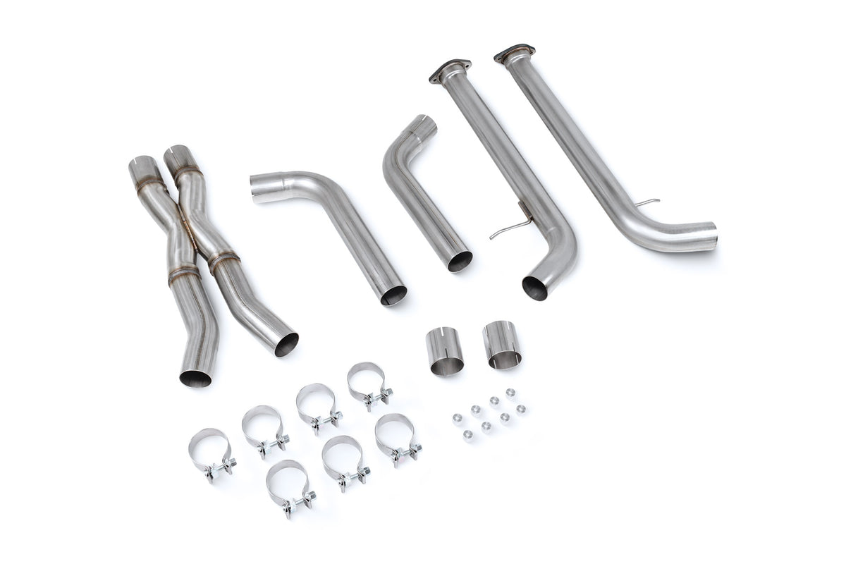 Scorpion Exhausts mid-pipe for BMW X3 M LCI, X4 M models, showing the stainless steel pipe with mounting points and exhaust tips.
