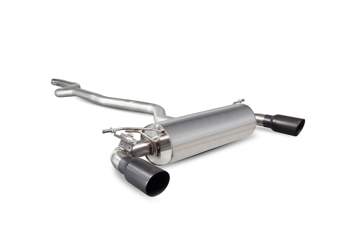 Scorpion BMW M140i F20 F21 non-GPF cat-back exhaust system with dual exhaust tips and polished stainless steel finish.