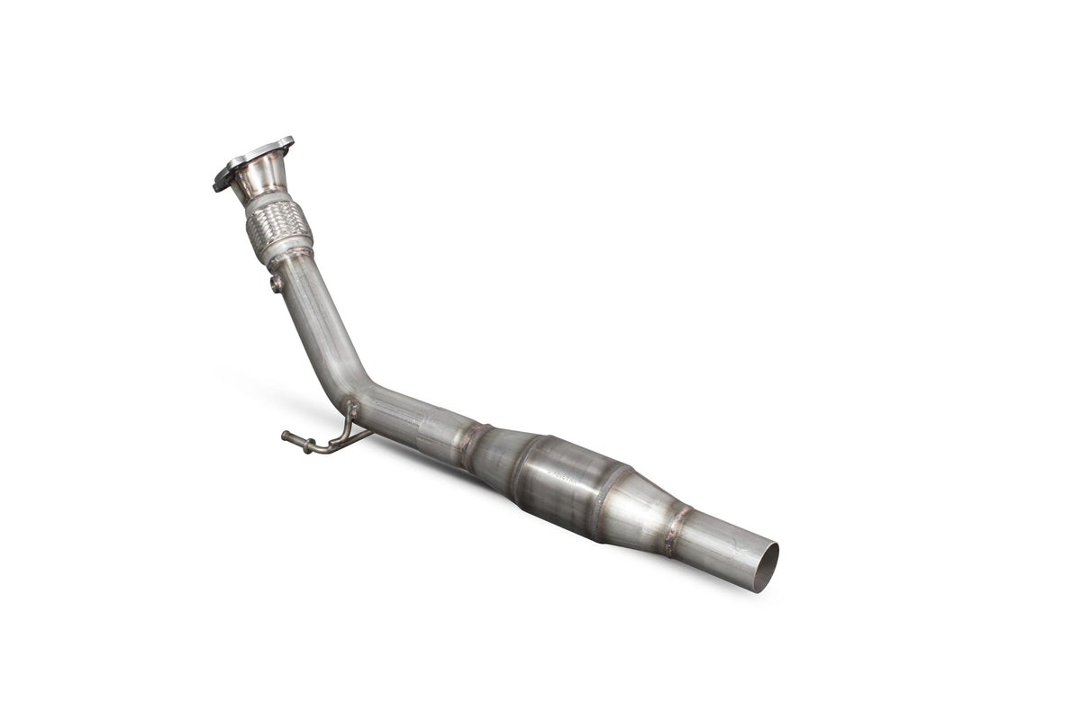 Scorpion Volkswagen Polo Gti 1.8T 9n3 sports cat downpipe with high-flow catalyst, showcasing the stainless steel construction and flanged connection.