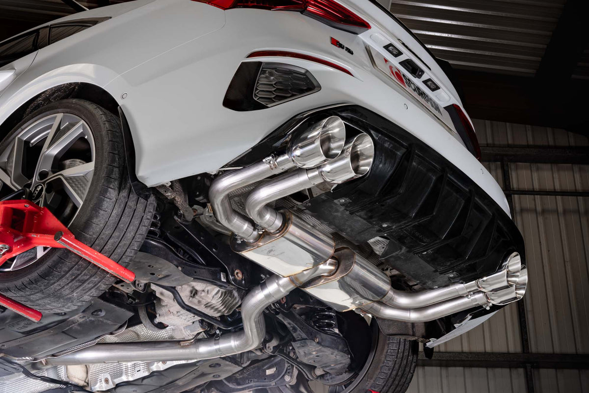 Scorpion Audi S3 8Y saloon GPF-back exhaust system with non-resonated cat and muffler, showing polished metal components and piping.