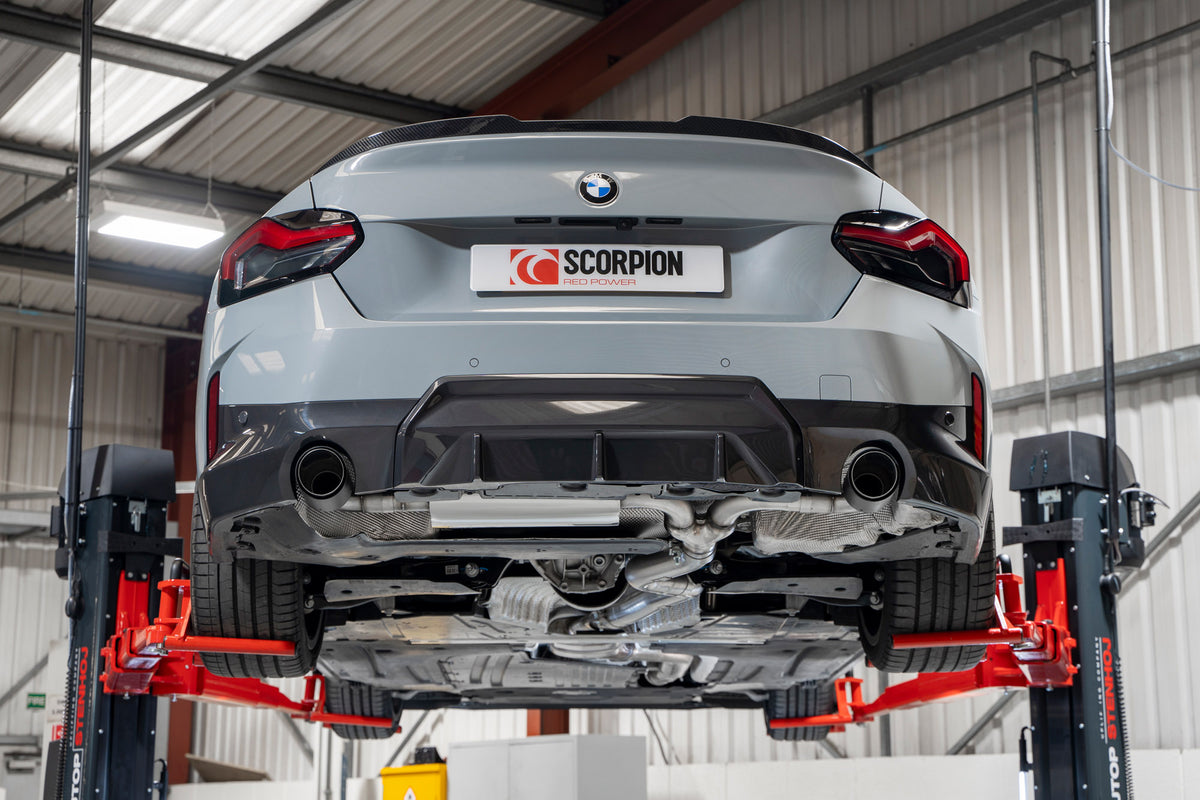 Scorpion BMW 220i G42 GPF-back exhaust system with polished metal tips and dual outlet design for GPF models.