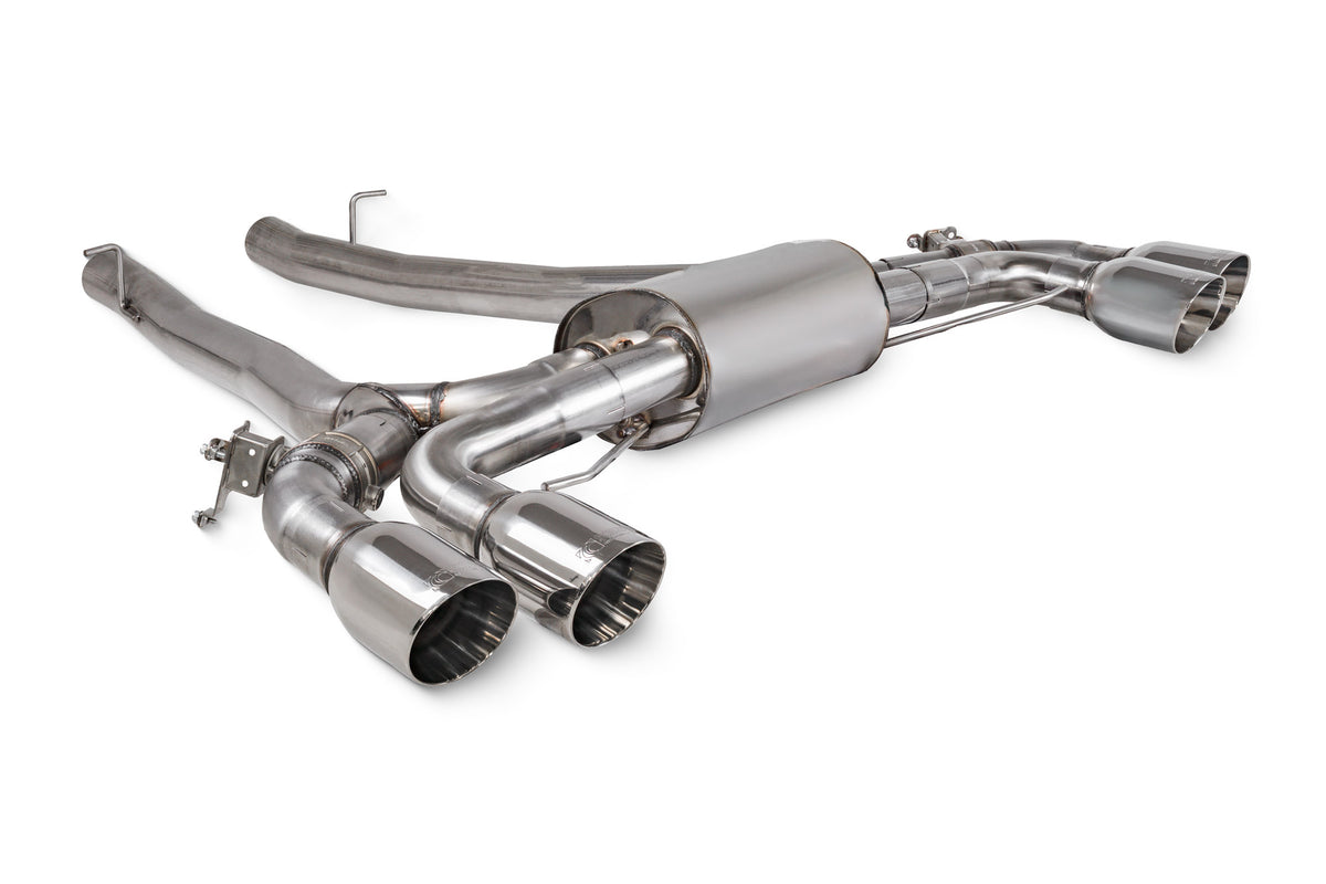 Scorpion BMW F90 M5 half exhaust system with electronic valves, showing polished metal pipes and dual exhaust tips.