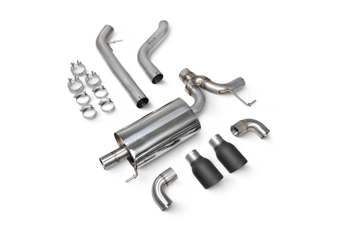 Scorpion BMW 220i G42 GPF-Back Exhaust System, shows polished stainless steel pipes and exhaust tips on a car engine.