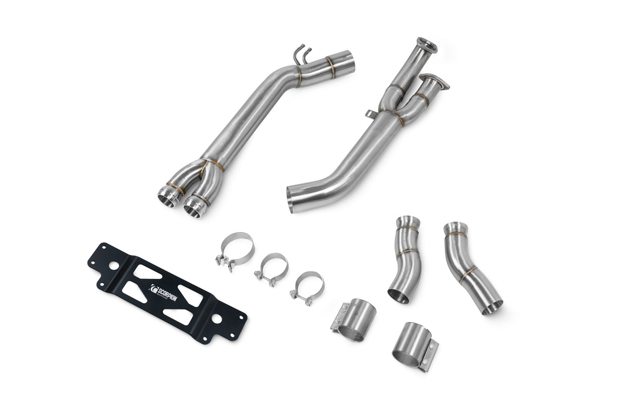 Scorpion BMW M2 G87 single mid pipe exhaust component removing GPF, shown in stainless steel with precise fittings.