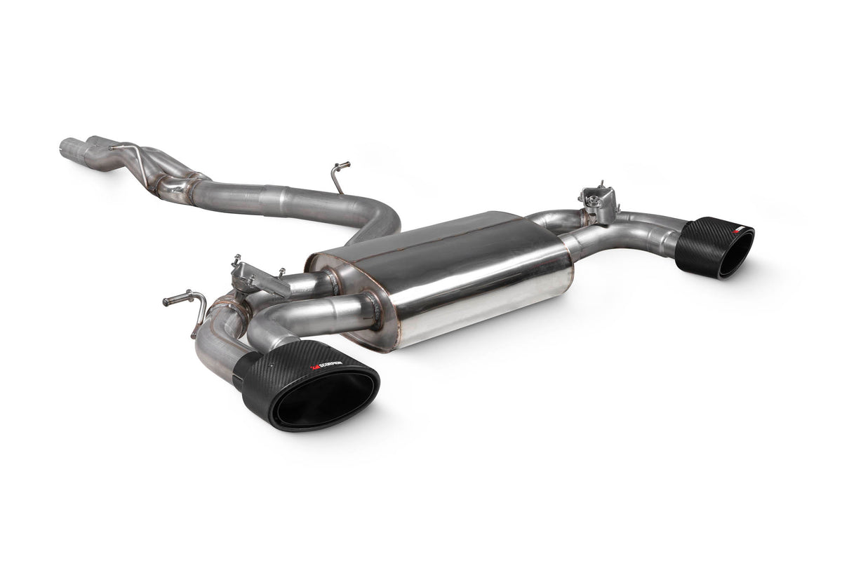 Scorpion Audi RS3 8V pre-facelift non-resonated cat-back exhaust system with valves, showing polished stainless steel pipes and mufflers.