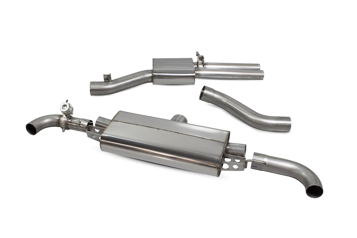 Scorpion Audi TT MK2 TTRS resonated cat-back exhaust system with valve, showing polished stainless steel pipes and exhaust tips.