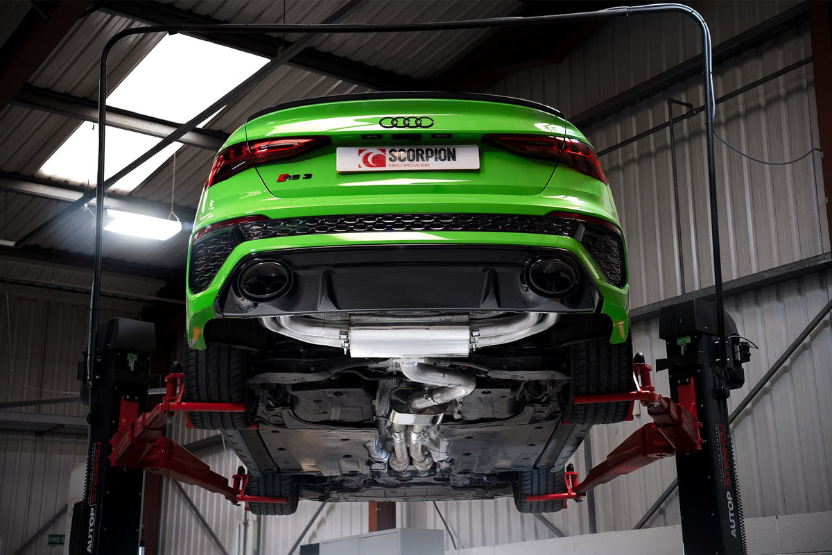 Scorpion Audi RS3 8Y saloon GPF-back exhaust system without valves, showcasing the resonated cat and exhaust pipes.
