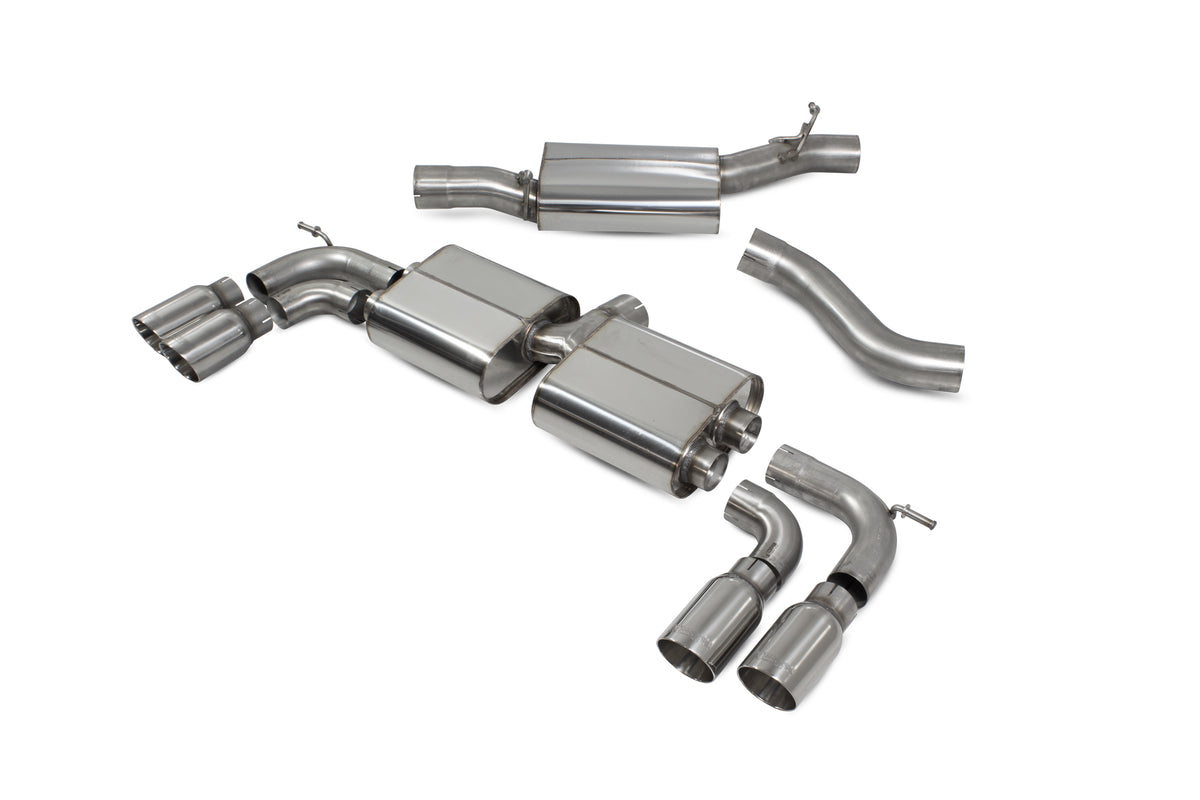 Scorpion Audi SQ2 resonated GPF-back exhaust system with non-valved design, showcasing polished metal pipes and muffler details.