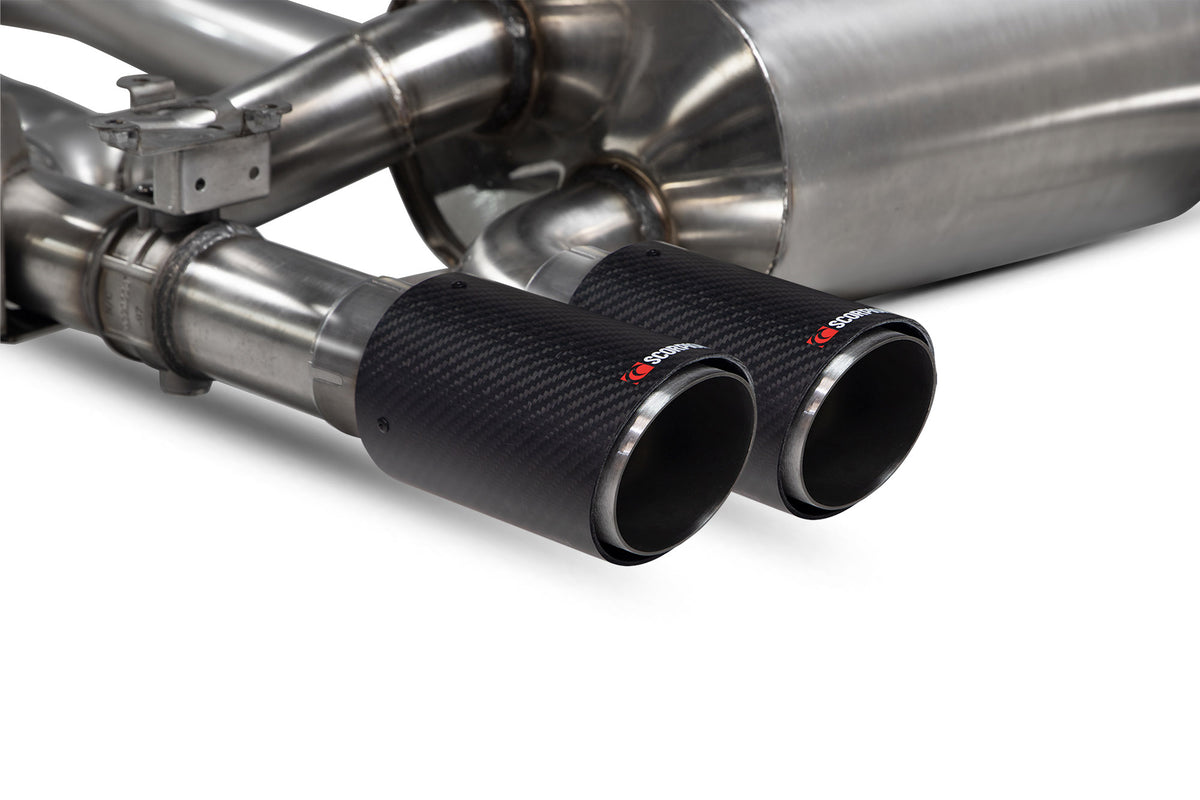 Scorpion BMW F80 M3 and F82 F83 non-resonated cat-back exhaust system with electronic valves, showing polished stainless steel pipes.
