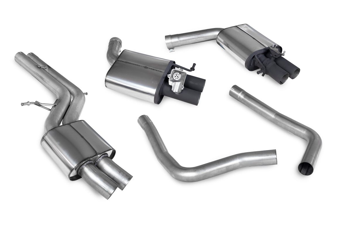 Scorpion Audi RS6 C7 Avant and RS7 C7 resonated half exhaust system installed, showcasing polished exhaust tips and piping.