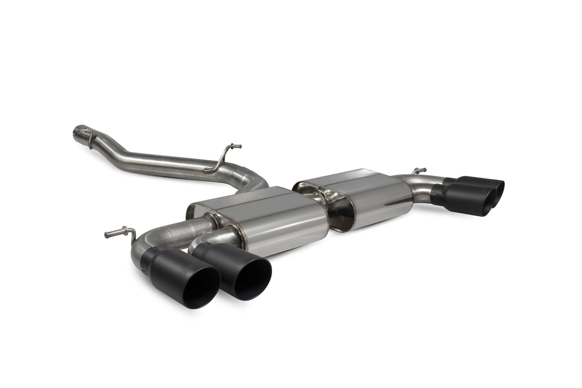 Scorpion Audi S3 8V GPF-Back Exhaust System without valves, showing the sleek metal pipes and polished tips on the vehicle.