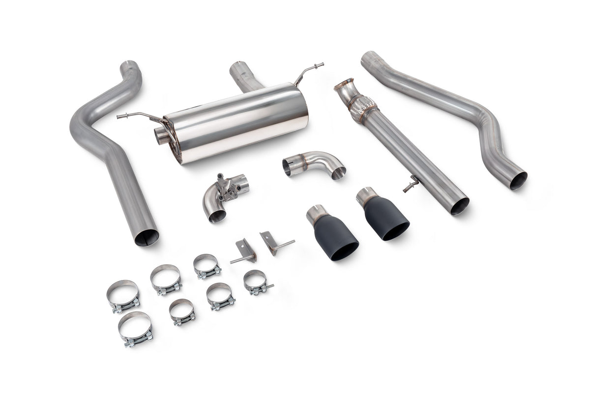 Scorpion BMW M235i F22 non-resonated cat-back exhaust system with valve, showing polished stainless steel piping and muffler.