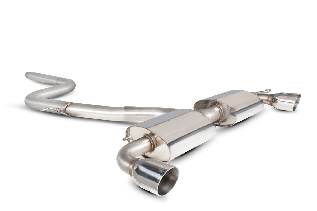 Scorpion Volkswagen Scirocco R non-resonated cat-back exhaust system installed on a car, showcasing polished metal pipes and muffler.