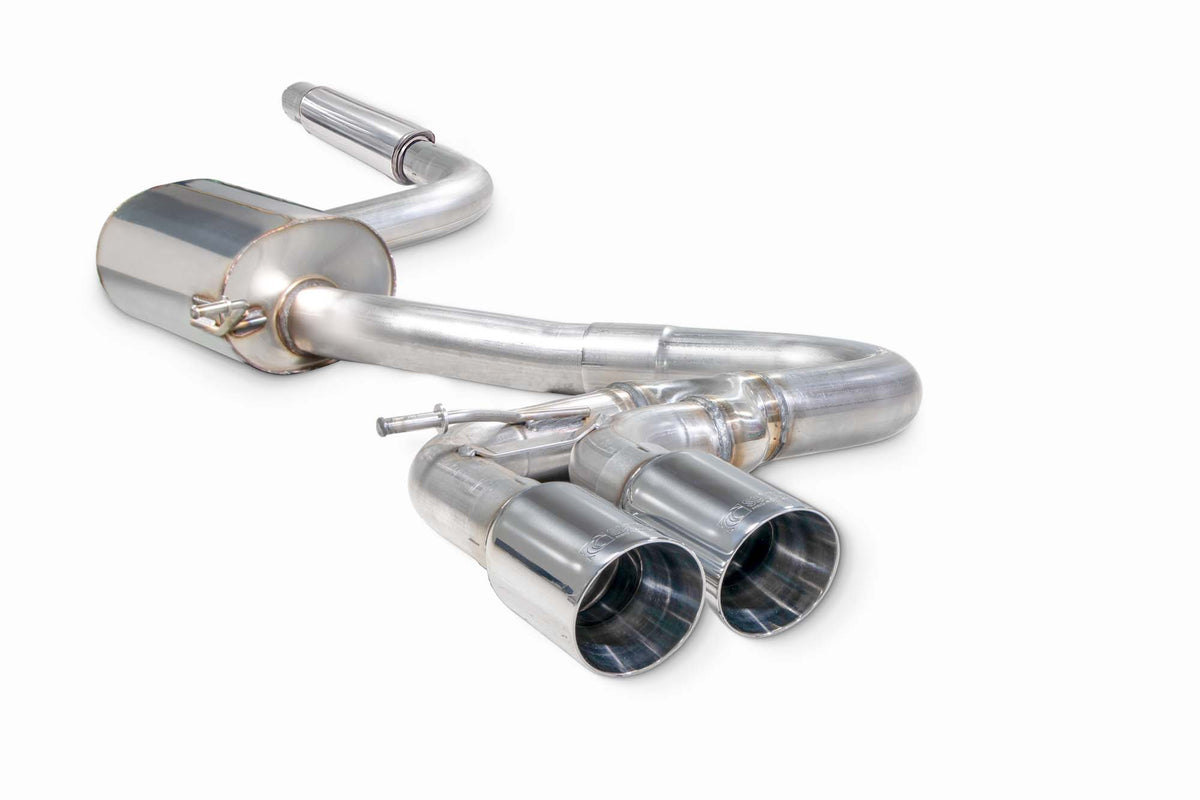 Scorpion Volkswagen Golf Mk7.5 1.5 TSI resonated cat-back exhaust system installed on a car showing the sleek exhaust pipes and tips.