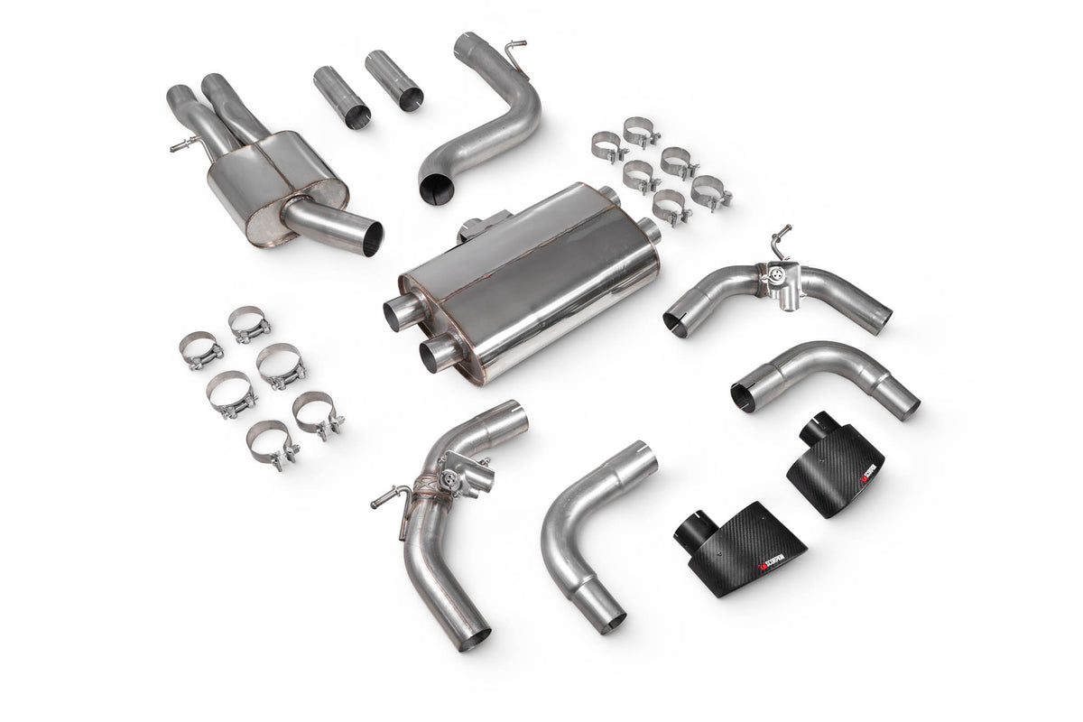 Scorpion Audi RS3 8V pre-facelift resonated cat-back exhaust system with valves, showcasing polished stainless steel pipes and exhaust tips.