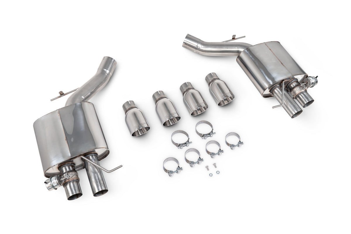Scorpion BMW M5 F10 rear silencer for exhaust system, featuring polished metal finish and dual exhaust tips.
