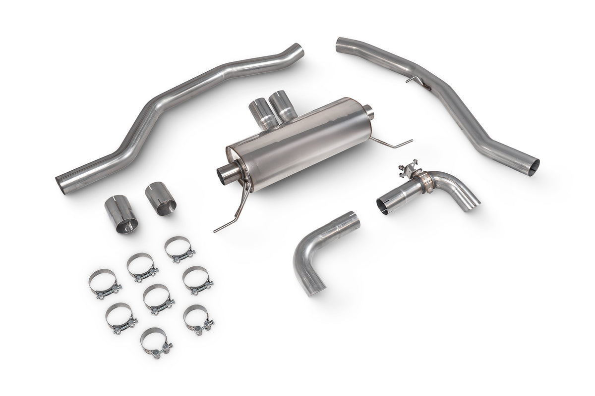 Scorpion BMW G20 G21 M340i xDrive half exhaust system with electronic valve, showcasing polished metal pipes and dual tips.