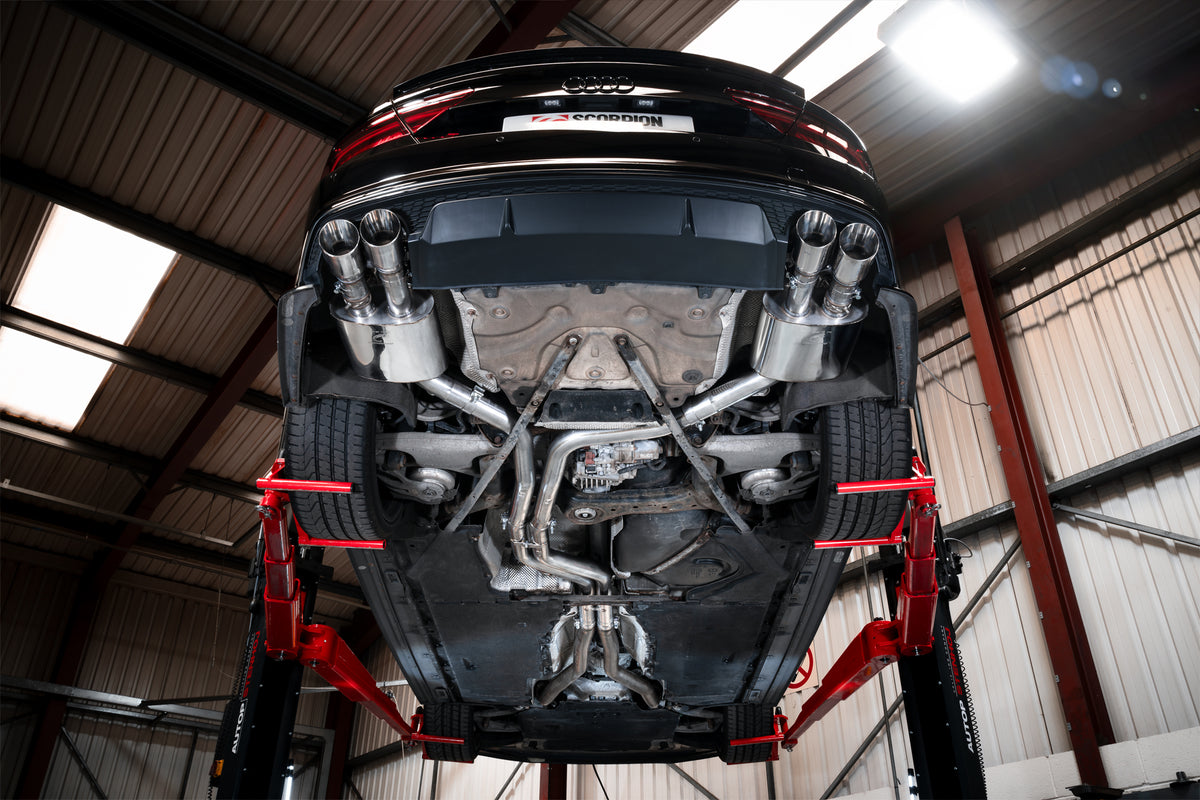 Scorpion Audi S6/S7 C7 non-resonated half exhaust system with electronic valves, displayed on a vehicle.