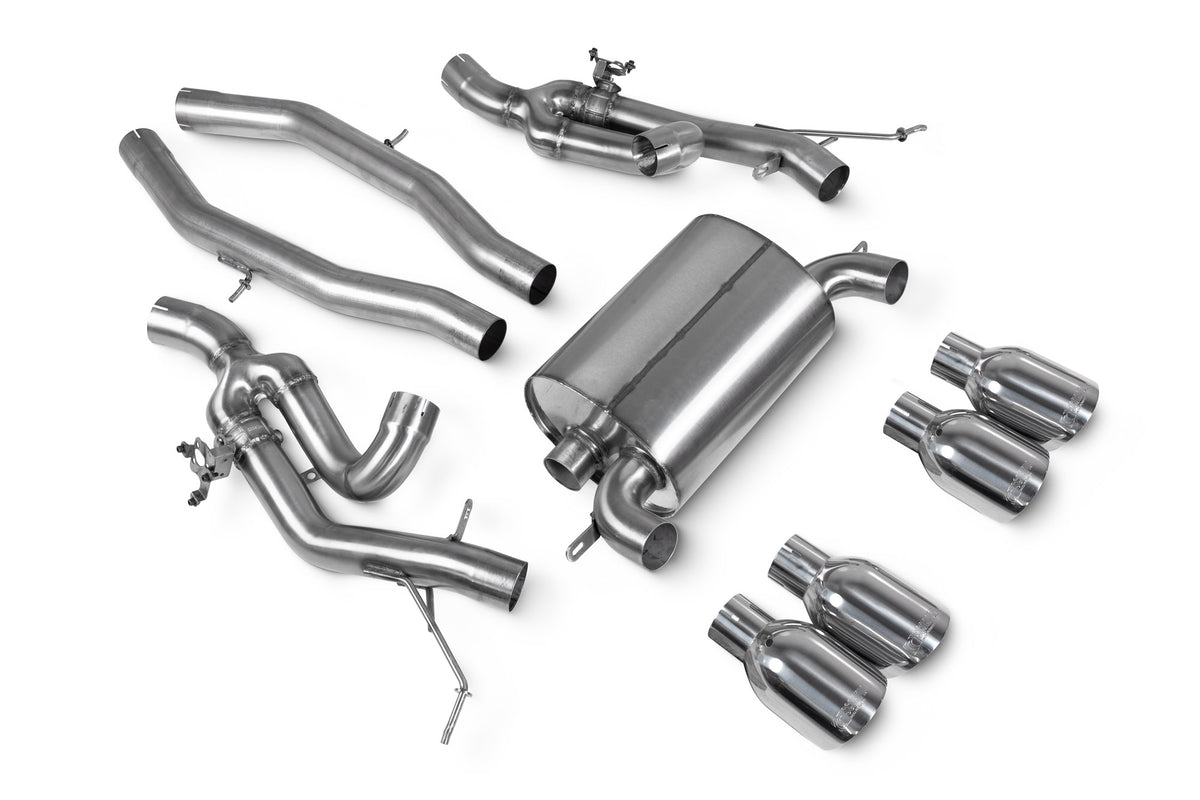 Scorpion BMW M3 G80/G81 and M4 G82 exhaust mid-pipe, including Competition and xDrive models, showing polished metal and connections.