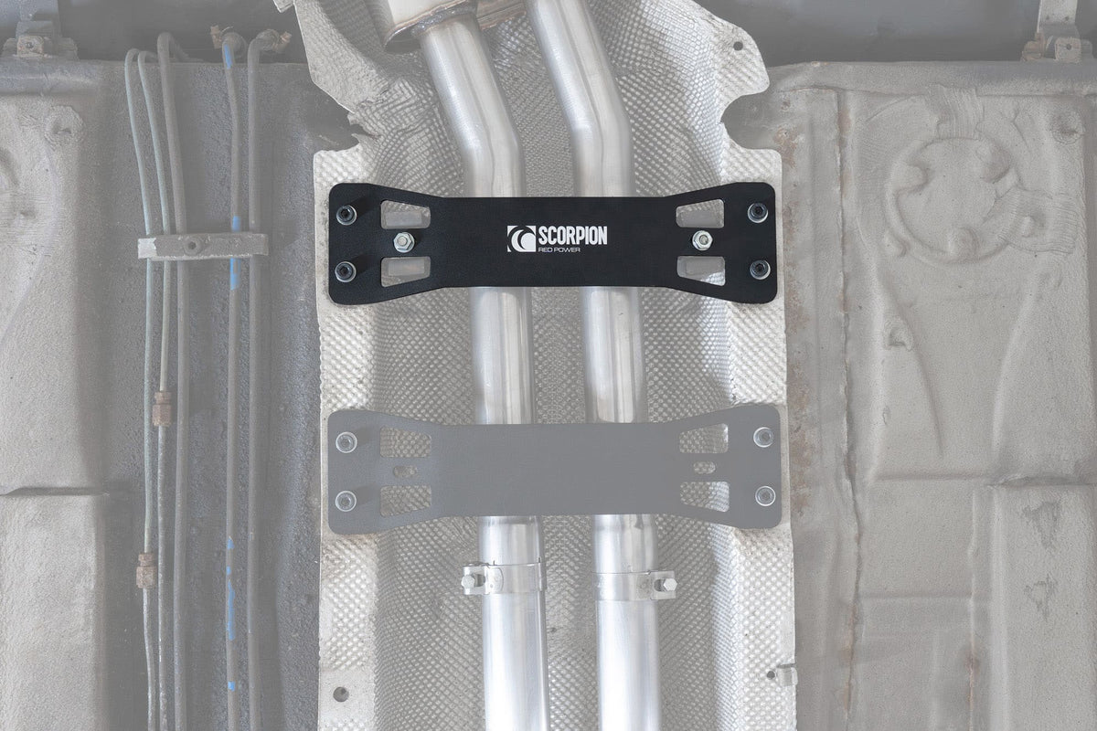 Scorpion BMW E46 exhaust tunnel brace and mount for 320/325/330 models, visible metal support part for coupe, saloon, estate.