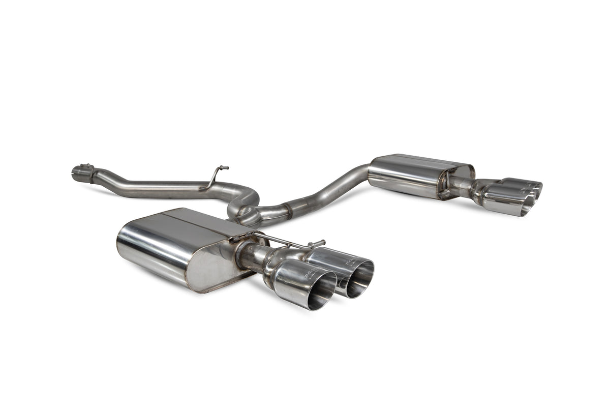 Scorpion Seat Leon Cupra ST 300 Carbon Edition non-resonated cat-back exhaust system installed on a vehicle, showcasing the sleek exhaust pipes.