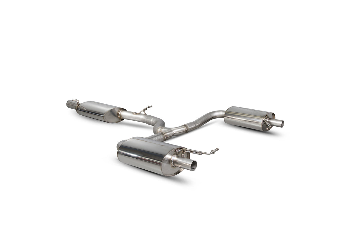 Scorpion Volkswagen Golf MK7 R Estate resonated cat-back exhaust system installed on a car, showing the polished exhaust tips and piping.