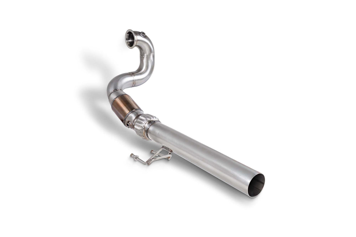 Scorpion Volkswagen Golf Mk7.5 1.5 TSI sports cat downpipe with high flow sports catalyst, showing polished metal and flange connection.