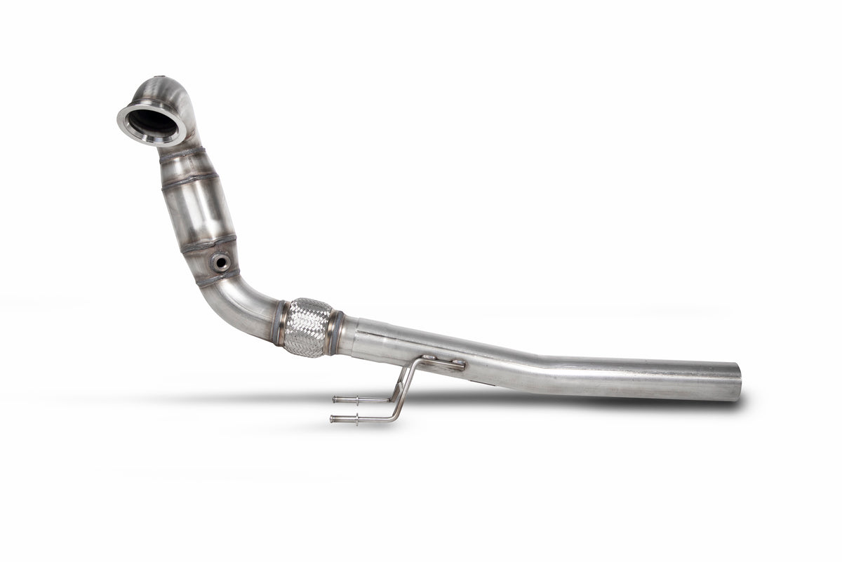 Scorpion Volkswagen Polo Gti 1.8T de-cat downpipe showing metal construction and connection points for exhaust upgrade.