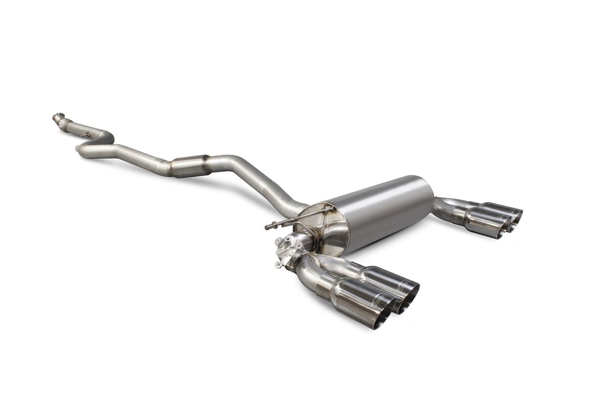 Scorpion BMW M2 F87 Non GPF cat-back exhaust system with electronic valve, featuring polished stainless steel mufflers and twin exhaust tips.