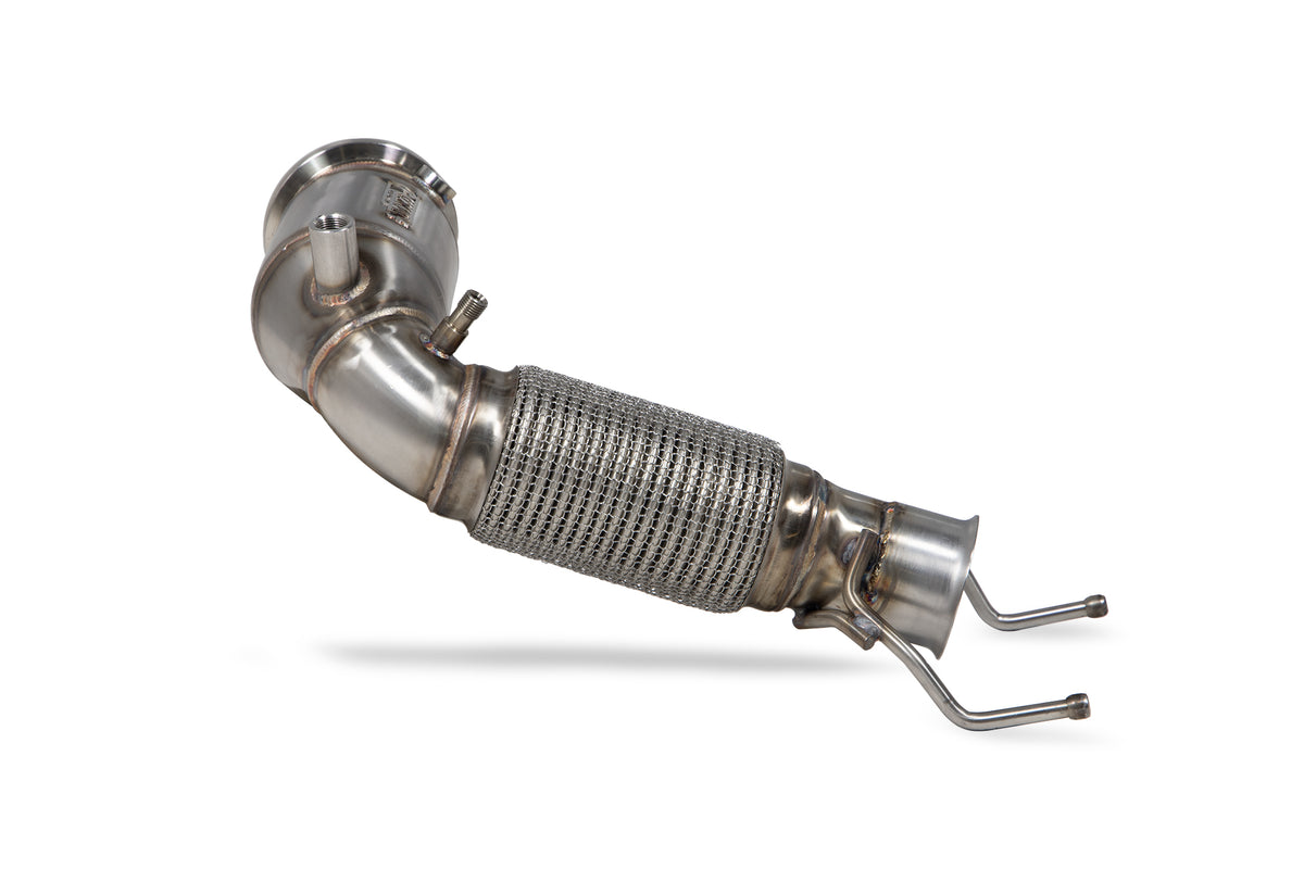 Scorpion BMW M135i xDrive F40 GPF sports cat downpipe with high-flow catalyst, showing polished metal construction and connection flanges.