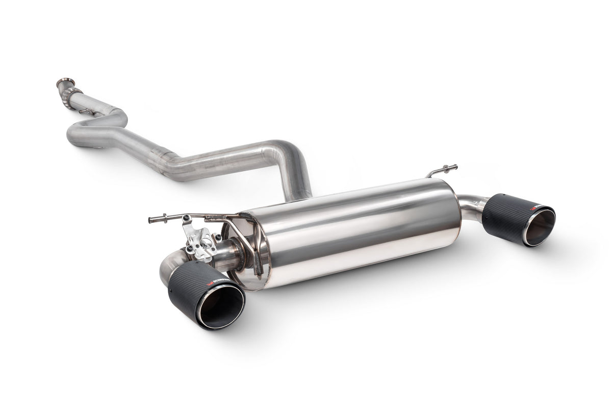 Scorpion BMW M135i F20/F21 cat-back exhaust system with xDrive, non-resonated, featuring valve for enhanced sound and performance.