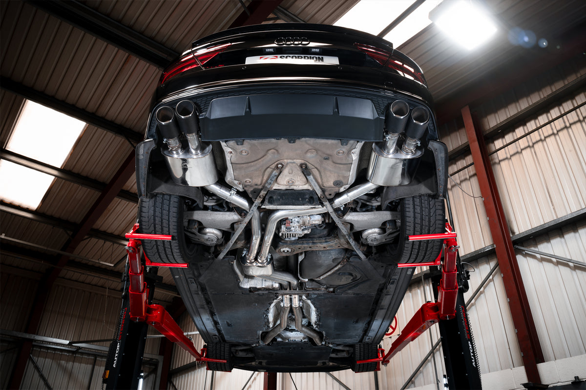Scorpion Audi S6/S7 C7 resonated half exhaust system with electronic valves, featuring polished metal pipes and dual exhaust tips.