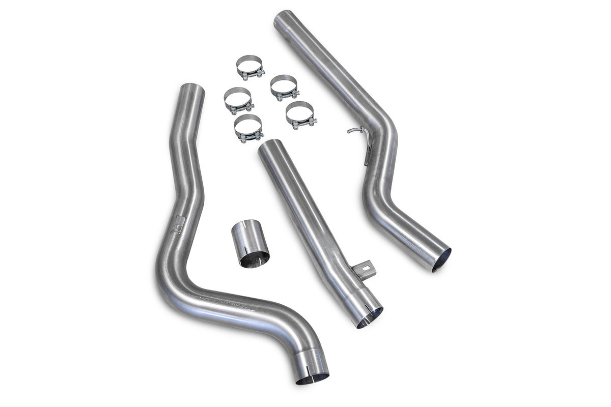 Scorpion BMW M140i and M240i OEM resonator delete pipe installed on F20, F21, F22 models, showcasing the exhaust modification.