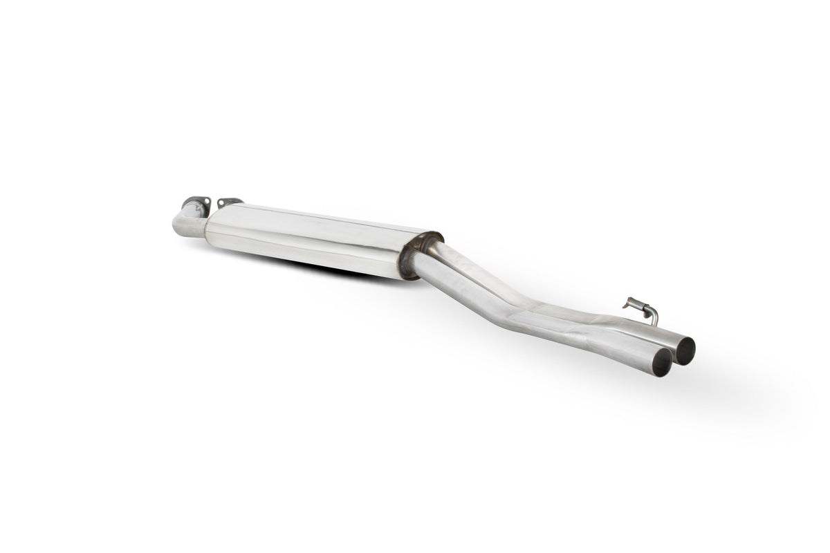 Scorpion BMW 325 E30 full exhaust system with chrome tips, including cabrio and touring models, installed on a vehicle.