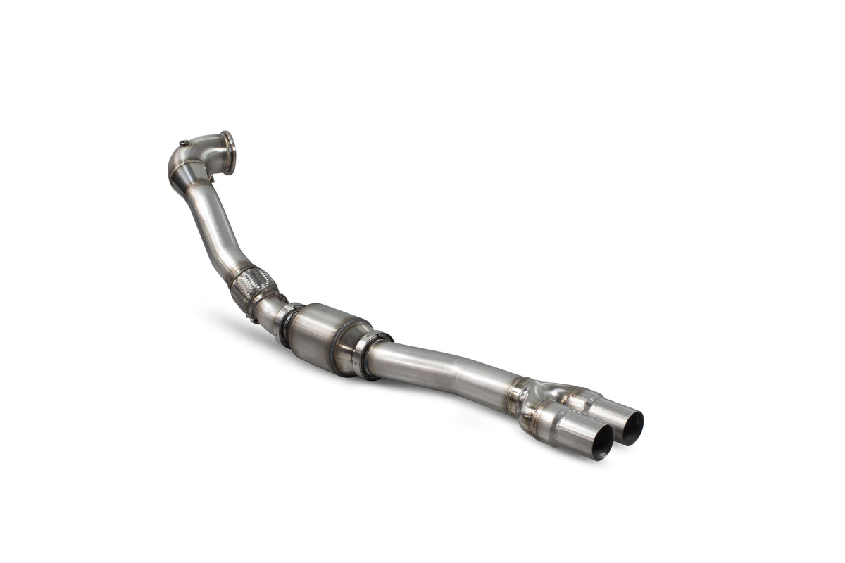 Scorpion Exhausts Sports Cat Downpipe for Audi RS3 8Y Sportsback and Saloon, featuring high flow sports catalyst and metallic finish.