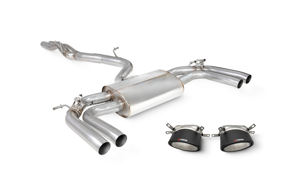 Scorpion Audi RS3 8Y saloon GPF-back exhaust system with electric valves, non-resonated cat-back system, and polished stainless steel finish