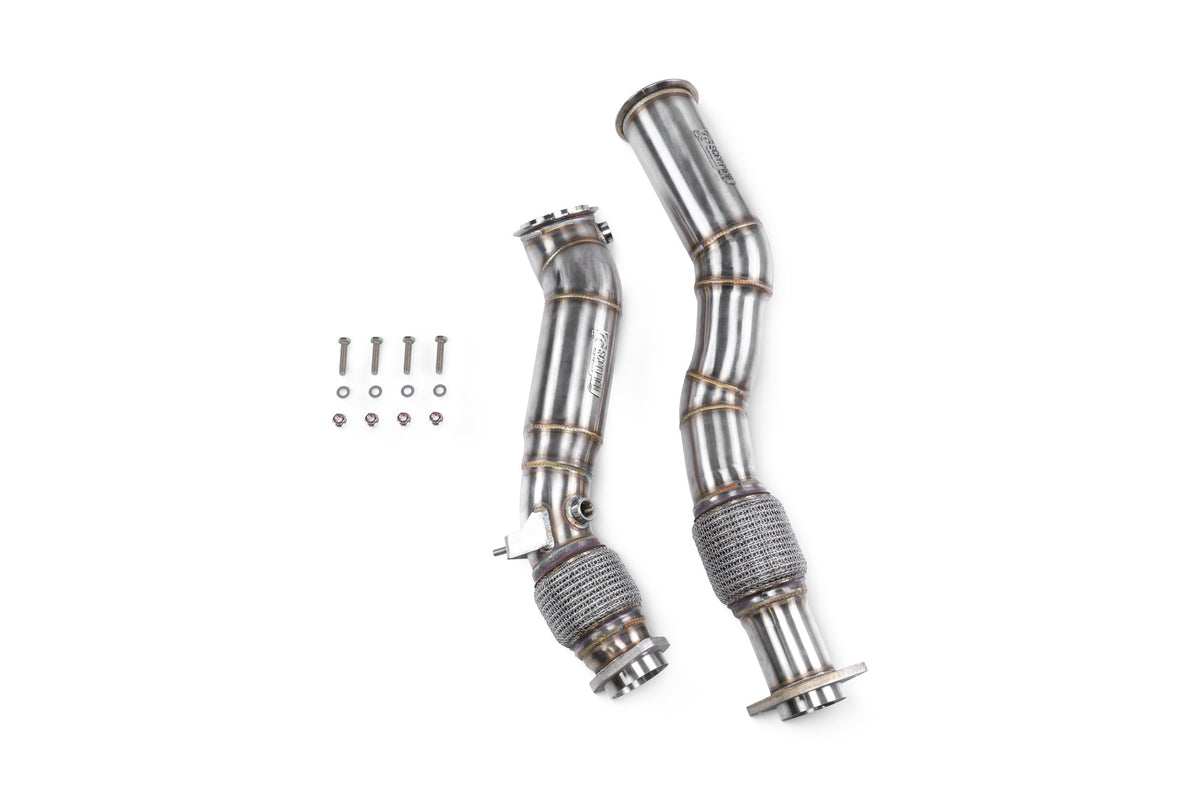 Scorpion BMW X3 M and X4 M de-cat downpipes with high-performance metal construction and dual exhaust outlets.
