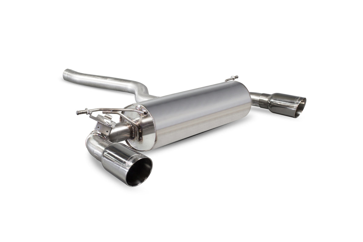 Scorpion BMW M240i GPF back exhaust system with electronic valve, showcasing polished metal pipes and dual exhaust tips.