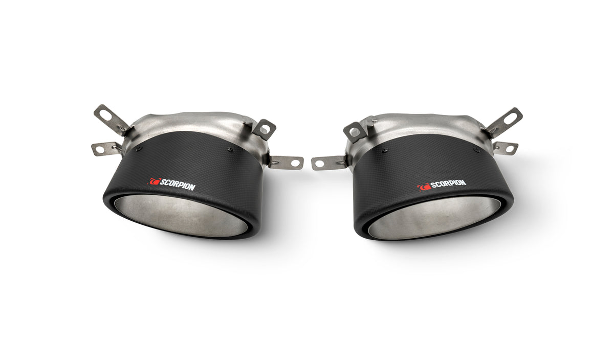 Pair of Scorpion Audi RS7 C7 tailpipe trims with carbon fibre Ascari RS finish, designed for a sleek, sporty look.