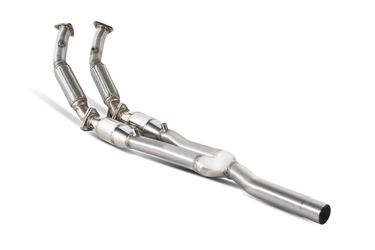 Scorpion Volkswagen Golf MK5 R32 twin high flow sports catalyst exhaust section, showing metal pipes and catalytic converter components.