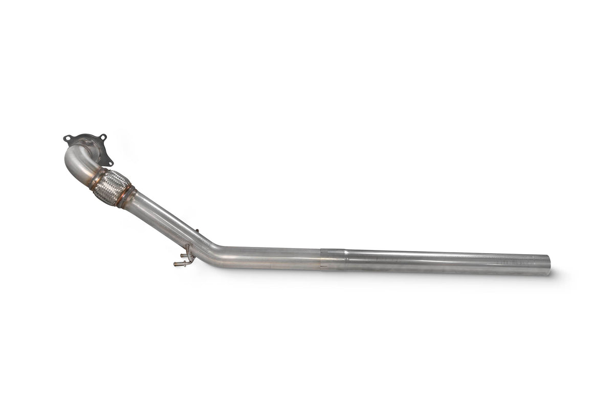 Scorpion Audi TT MK2 TTS de-cat downpipe showing polished metal pipe with flanges and catalytic converter removal area.
