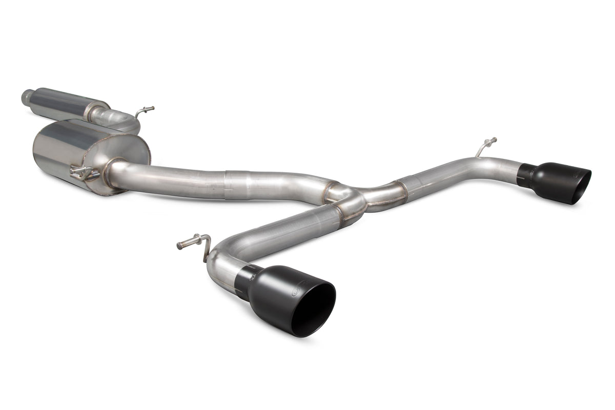 Scorpion Volkswagen Golf Mk7.5 1.5 TSI resonated cat-back exhaust system installed on car, showing polished stainless steel pipes