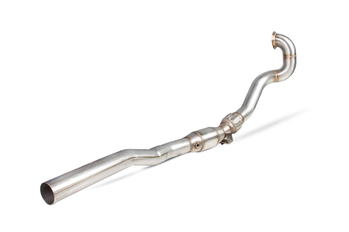Scorpion Audi S1 2.0 TFSI quattro sports cat downpipe with high flow catalyst, showcasing polished metal and exhaust components.