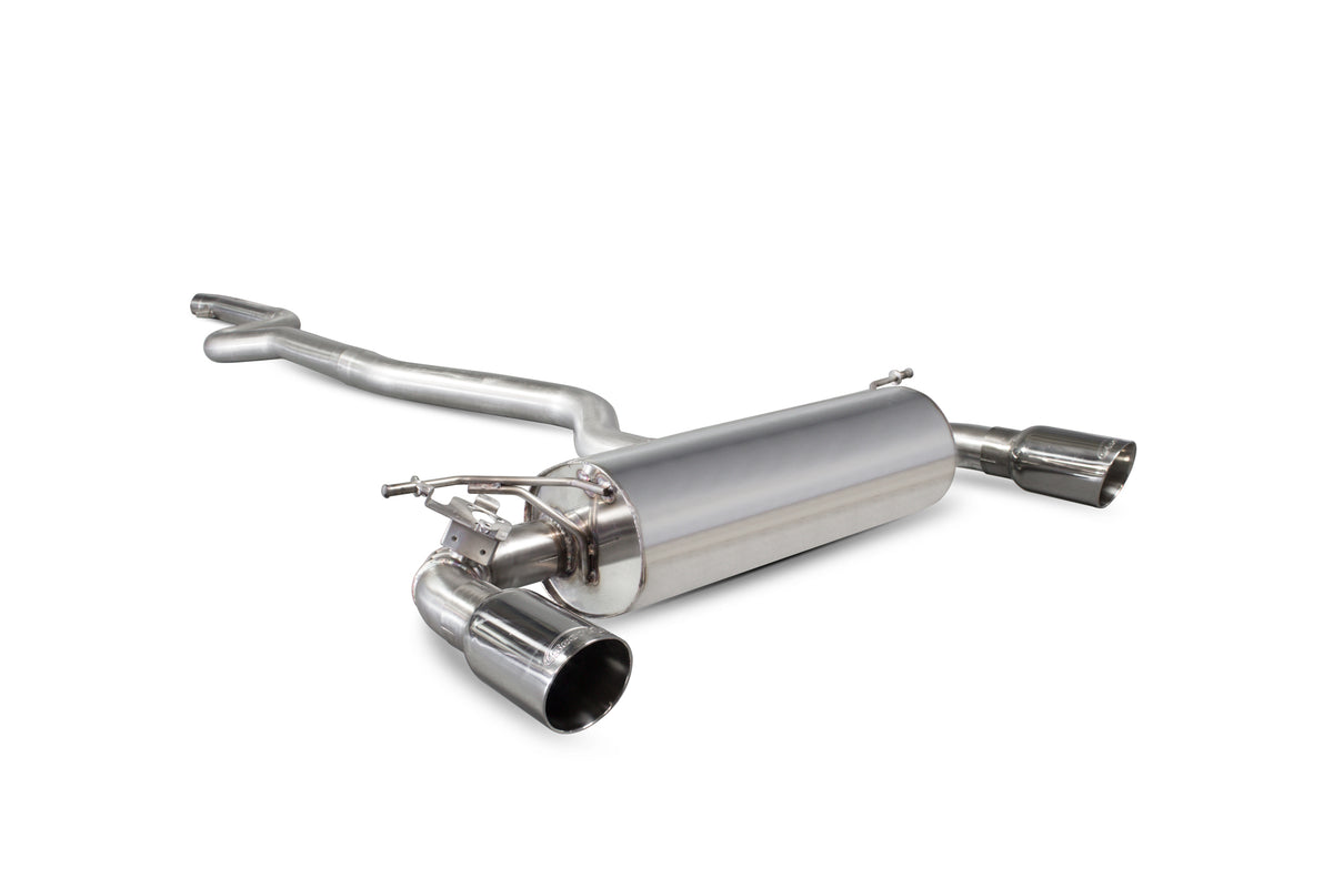 Scorpion BMW M140i F20 F21 non-GPF cat-back exhaust system with dual chrome tips on a car, showcasing the non-resonated design.