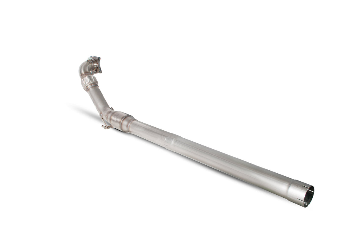 Scorpion Volkswagen Golf MK5 GTI Edition 30/35 sports cat downpipe with high-flow catalyst, metallic finish, and detailed welds.
