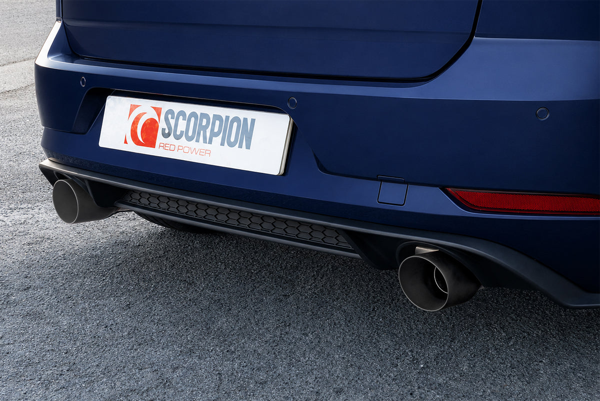 Scorpion Volkswagen Golf Mk7.5 1.5 TSI resonated cat-back exhaust system installed on car with polished exhaust tip and sleek design.