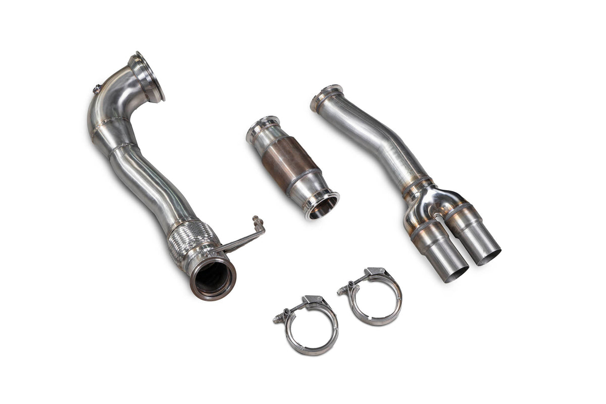 Scorpion Audi RS3 8V pre-facelift sports catalyst downpipe, showcasing stainless steel construction and detailed fittings.