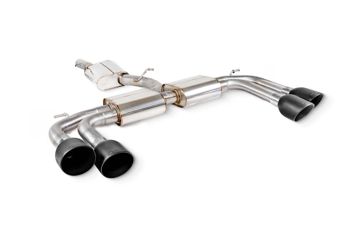 Scorpion Audi S3 8Y Sportback GPF-Back Exhaust System with resonated cat-back design, showcasing polished metal pipes and mufflers.