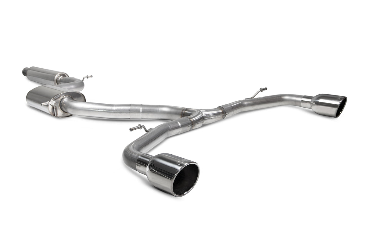 Scorpion Volkswagen Golf MK8 GTI resonated GPF-back exhaust system with polished tips and stainless steel construction.